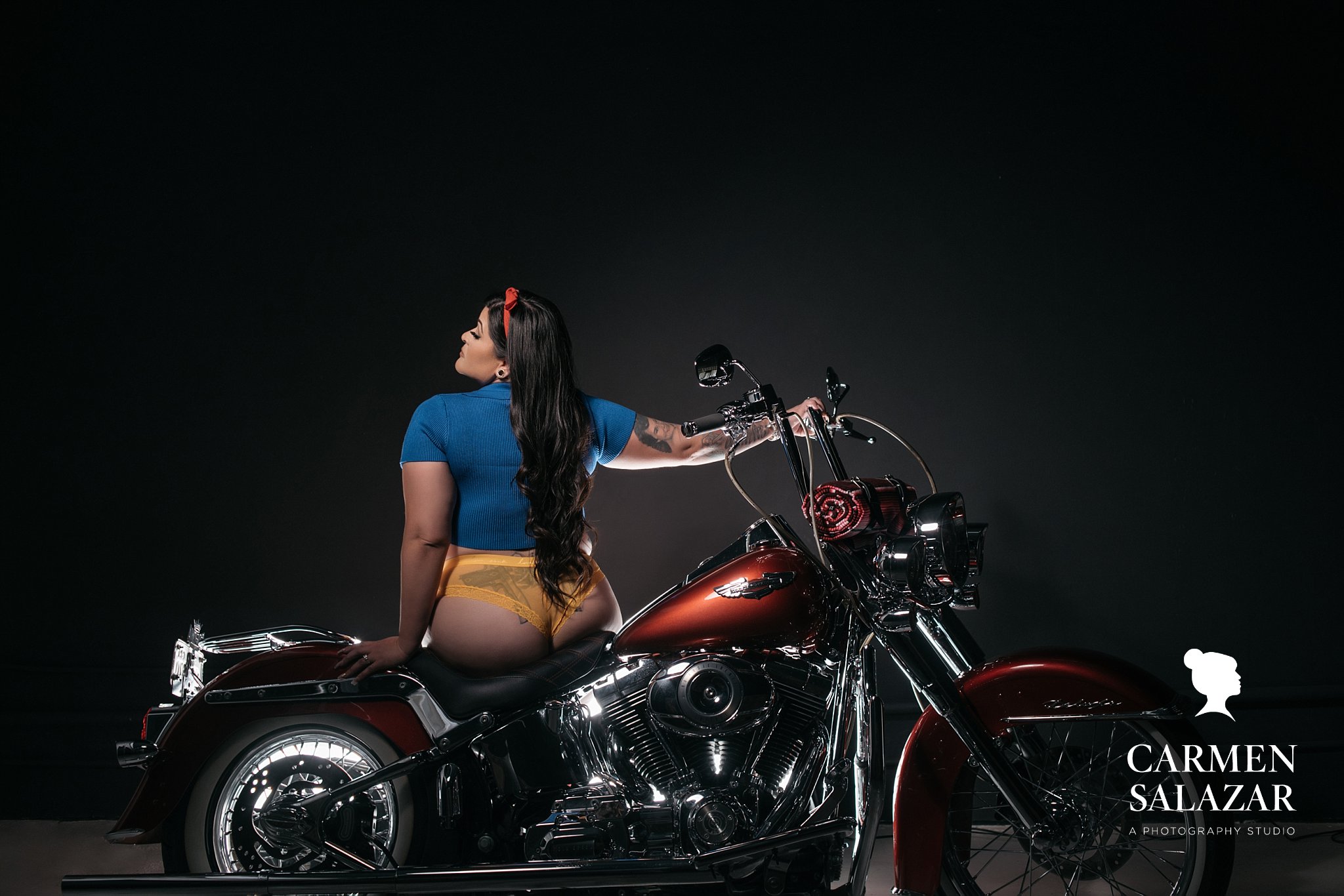 Woman on Harley, Biker-inspired boudoir; Carmen Salazar Photography