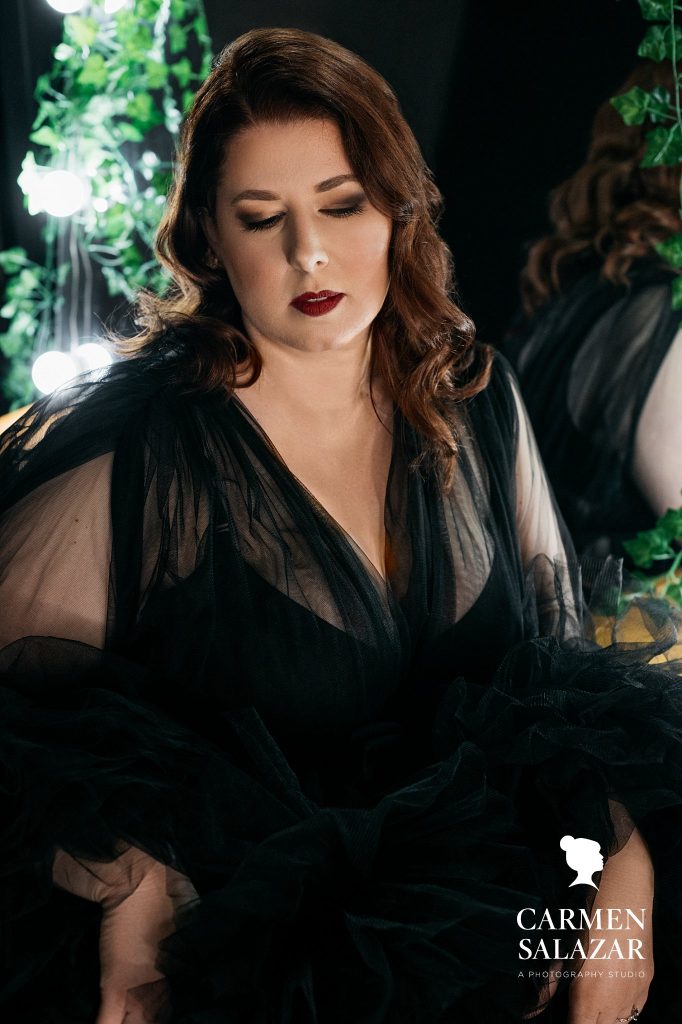 Woman in black gauzy gown, Modest lingerie for boudoir photography, by Carmen Salazar