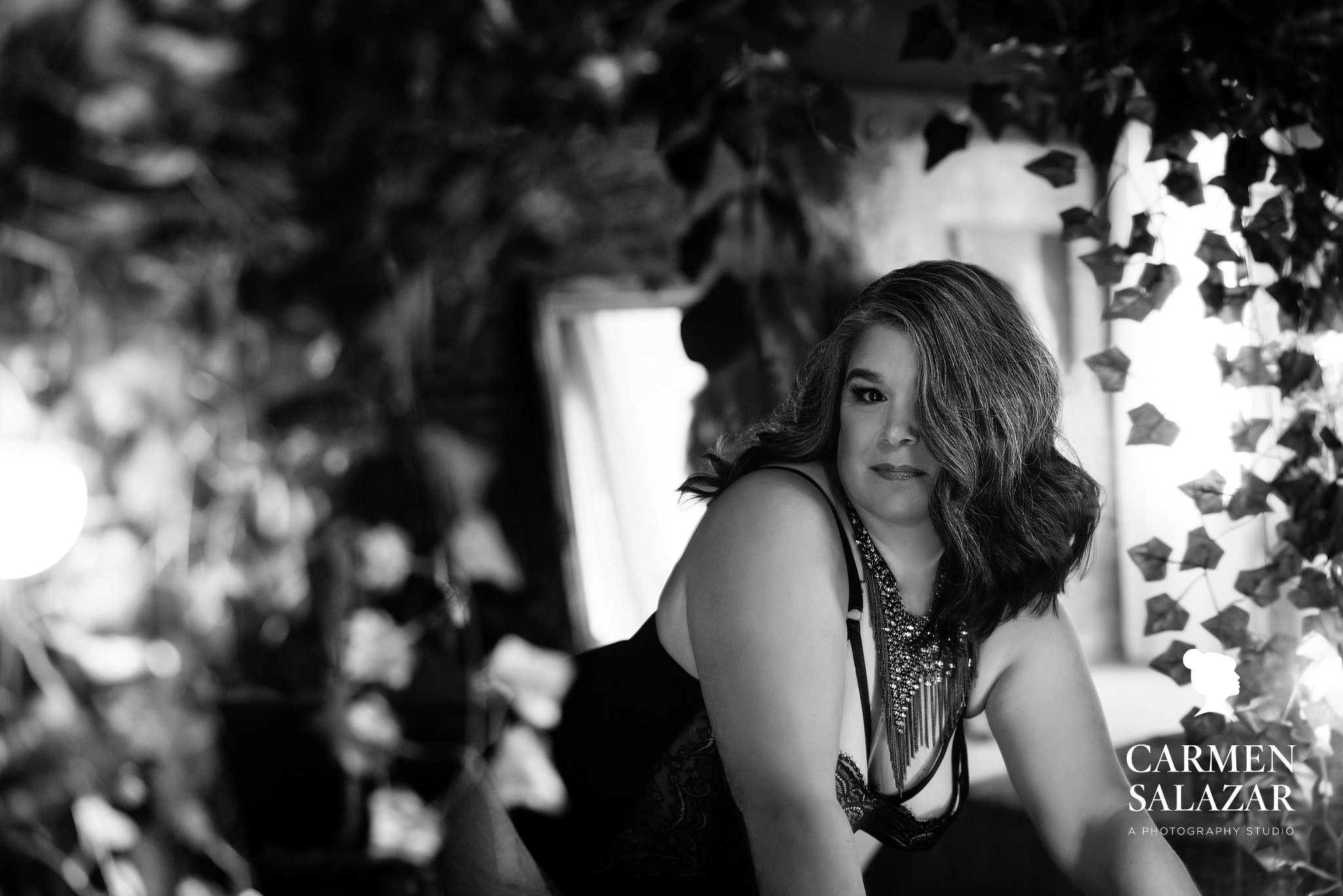 Black and White Woman in black lingerie with black backdrop; Boudoir Beauty at Any Age; by Carmen Salazar