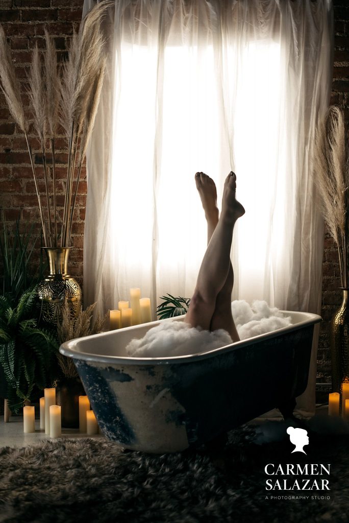 woman in 50’s in boudoir tub; photography by Carmen Salazar