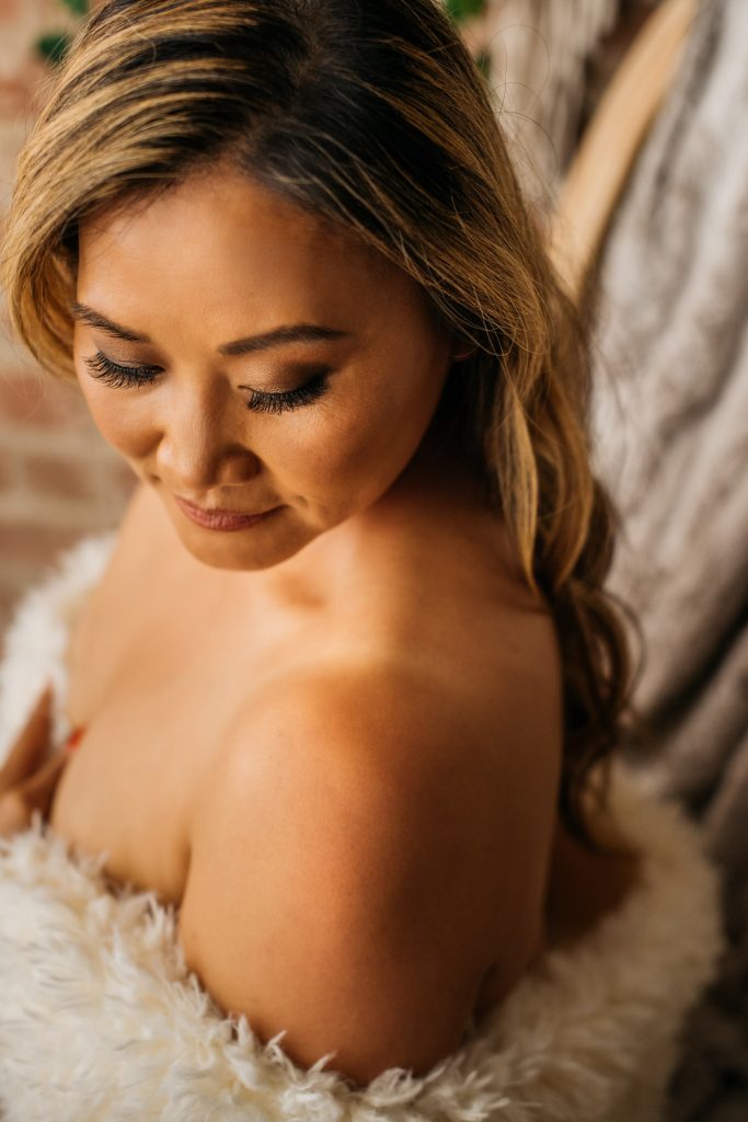 Sexy Boudoir Portrait, Topless woman covered in fur, Carmen Salazar Photography