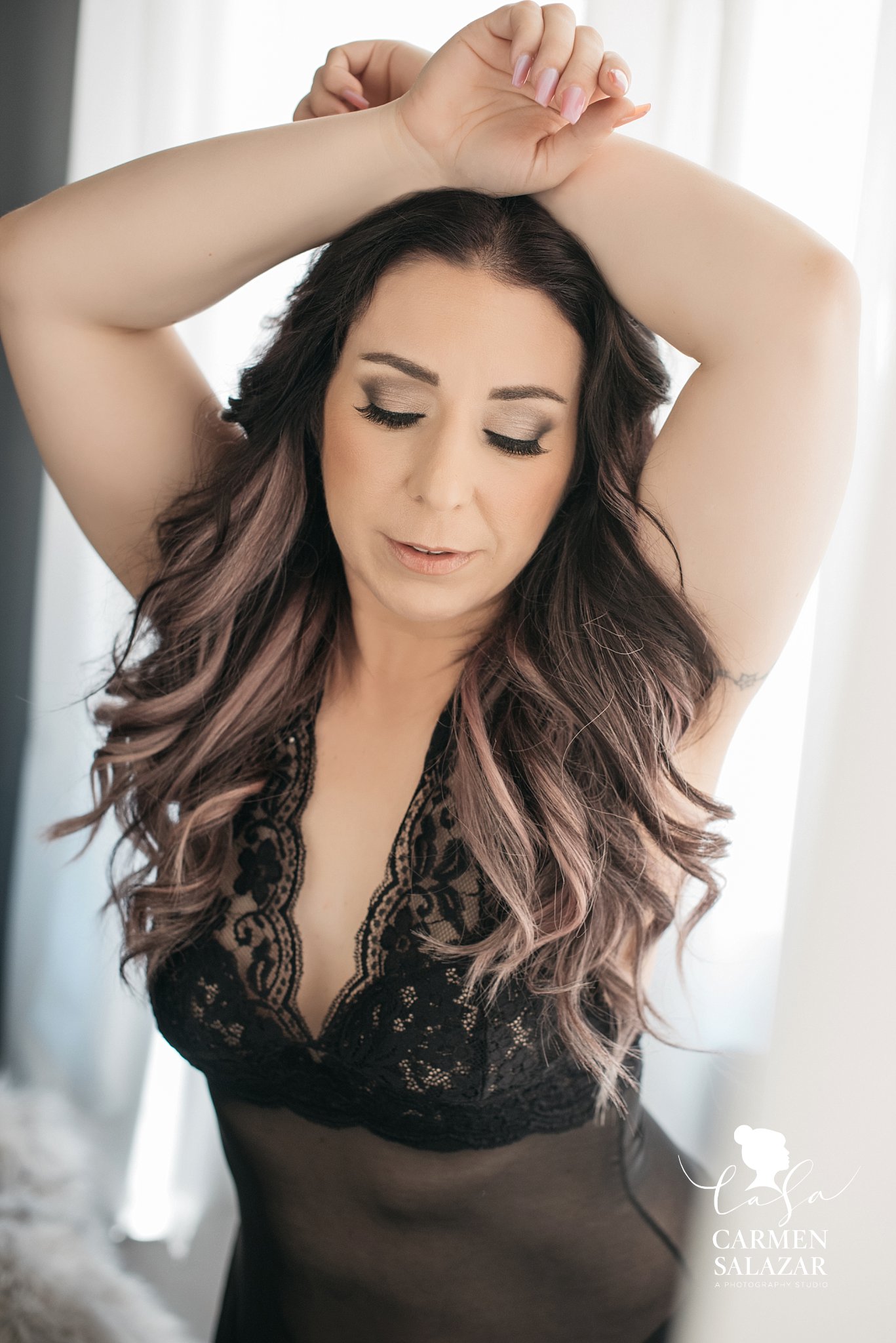 brunette in black slip lingerie, boudoir photography by Carmen Salazar;