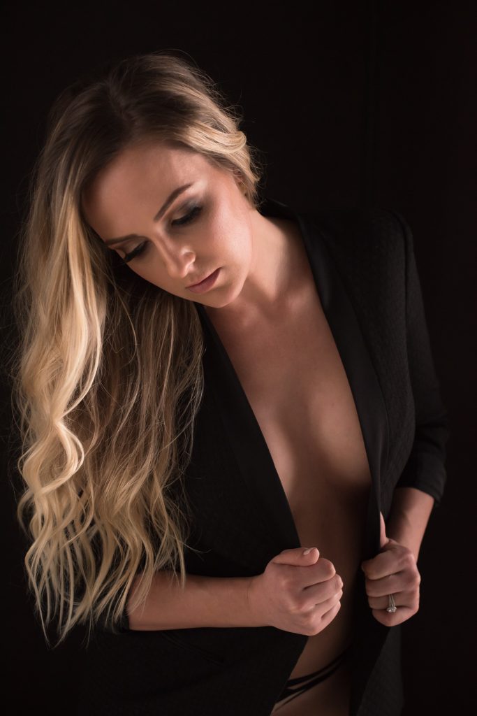 Woman posing in Sports Jacket; Non-Lingerie Ideas for Your Boudoir Session by Carmen Salazar