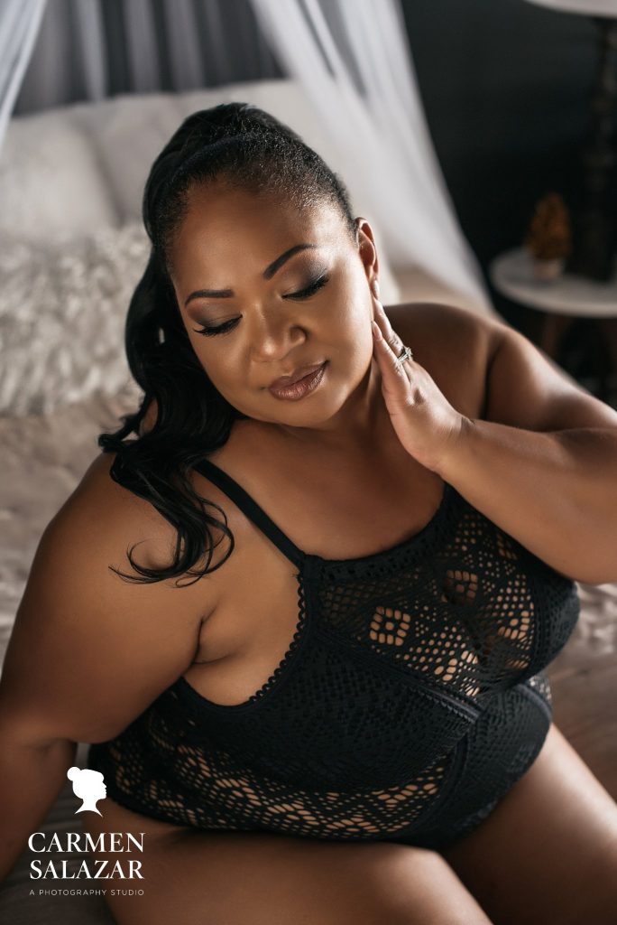 POC curvy gal in black lingerie on bed; Happy Boudoir Vibes by Carmen Salazar