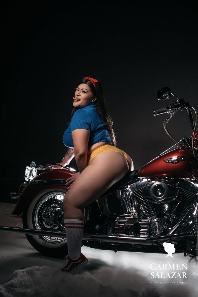 Woman on Harley, Biker-inspired boudoir; Carmen Salazar Photography