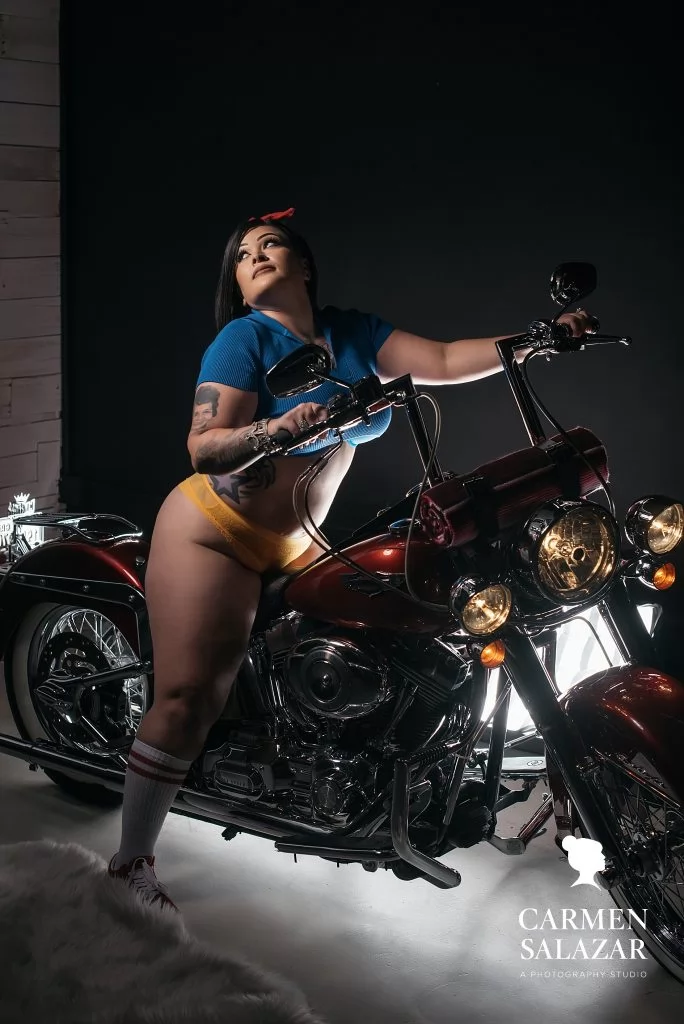 Woman on Harley, Biker-inspired boudoir; Carmen Salazar Photography