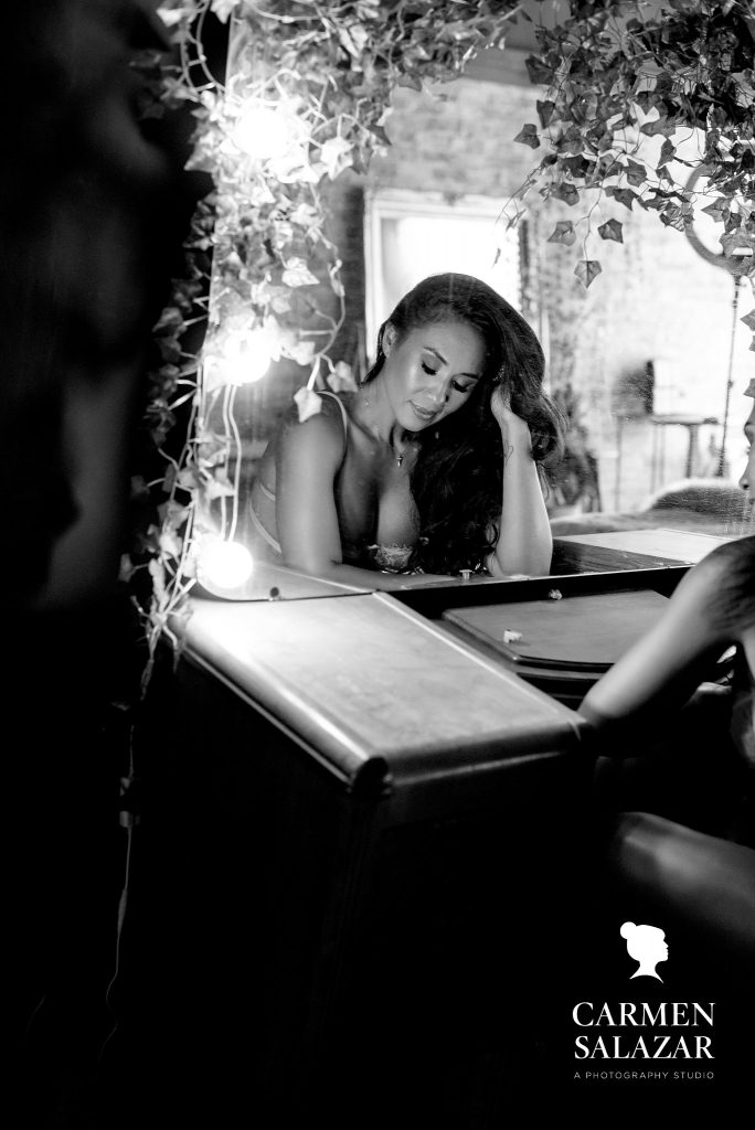 black and white mirror portrait; Boudoir Photography with love; by Carmen Salazar
