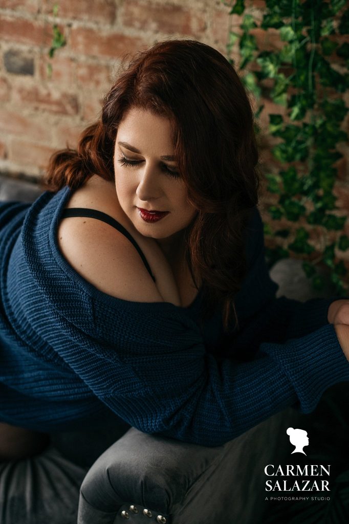 Woman in blue sweater, Modest lingerie for boudoir photography, by Carmen Salazar