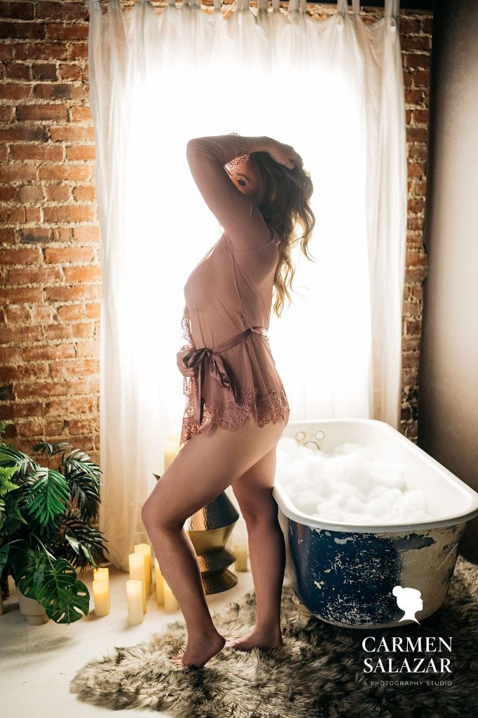 Woman in sheer robe next to bathtub, Unique Sexy Gifts for your Partner, Carmen Salazar Photography