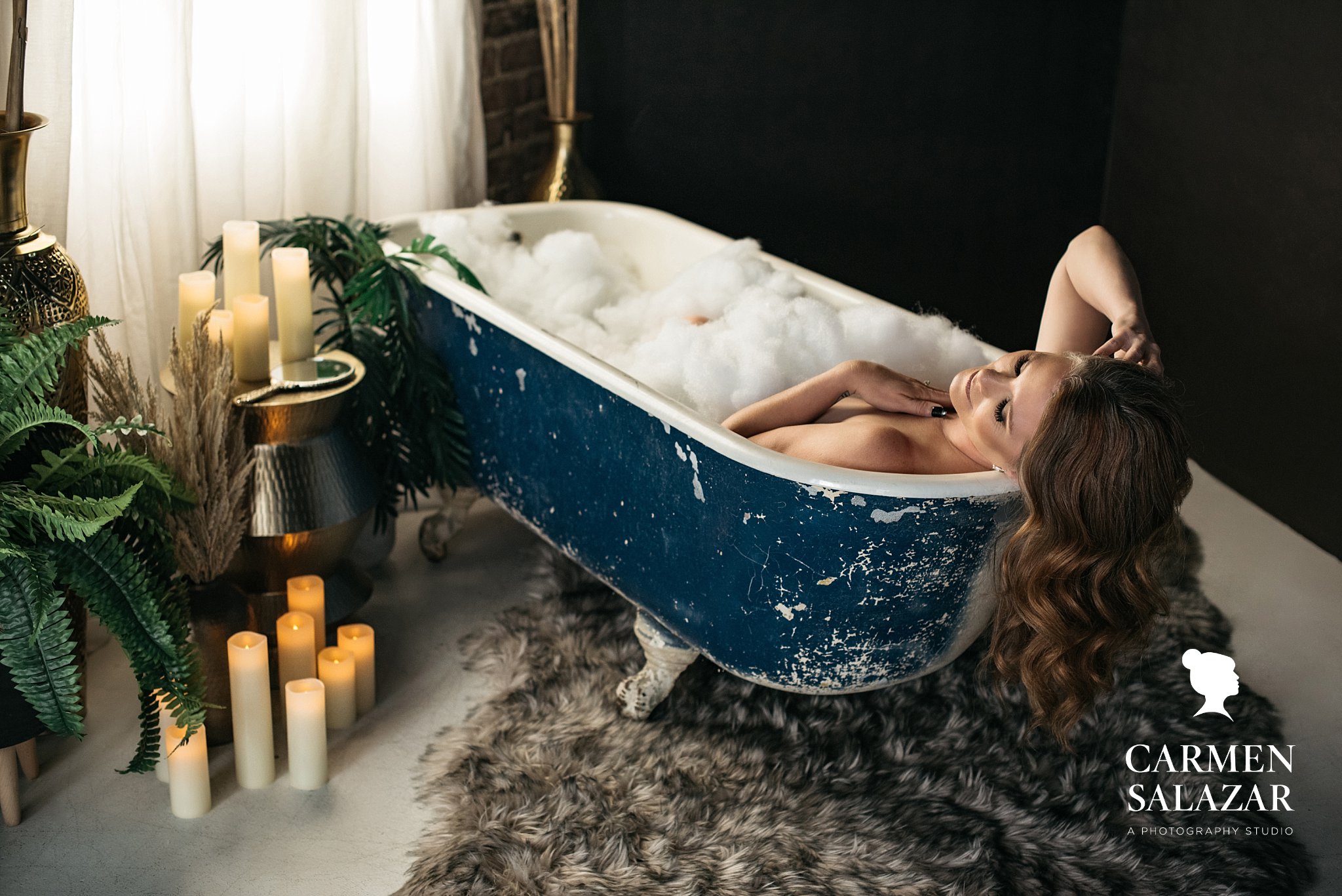 woman in 50’s in boudoir tub; photography by Carmen Salazar
