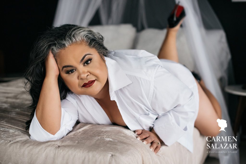 woman in men's button down shirt; ideas for mature boudoir clients, photography by Carmen Salazar