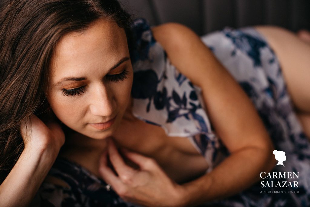 brunette in floral lingerie; boudoir photography by Carmen Salazar