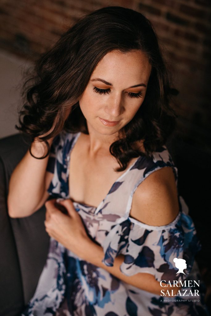 brunette in floral lingerie; modest boudoir photography by Carmen Salazar