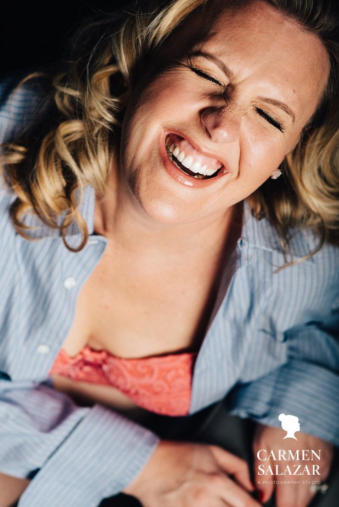 Do Something for You; Woman in denim long sleeved button shirt, Sacramento Boudoir Photography by Carmen Salazar