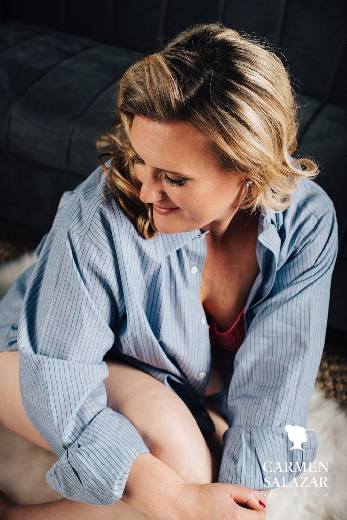 Do Something for You; Woman in denim long sleeved button shirt, Sacramento Boudoir Photography by Carmen Salazar