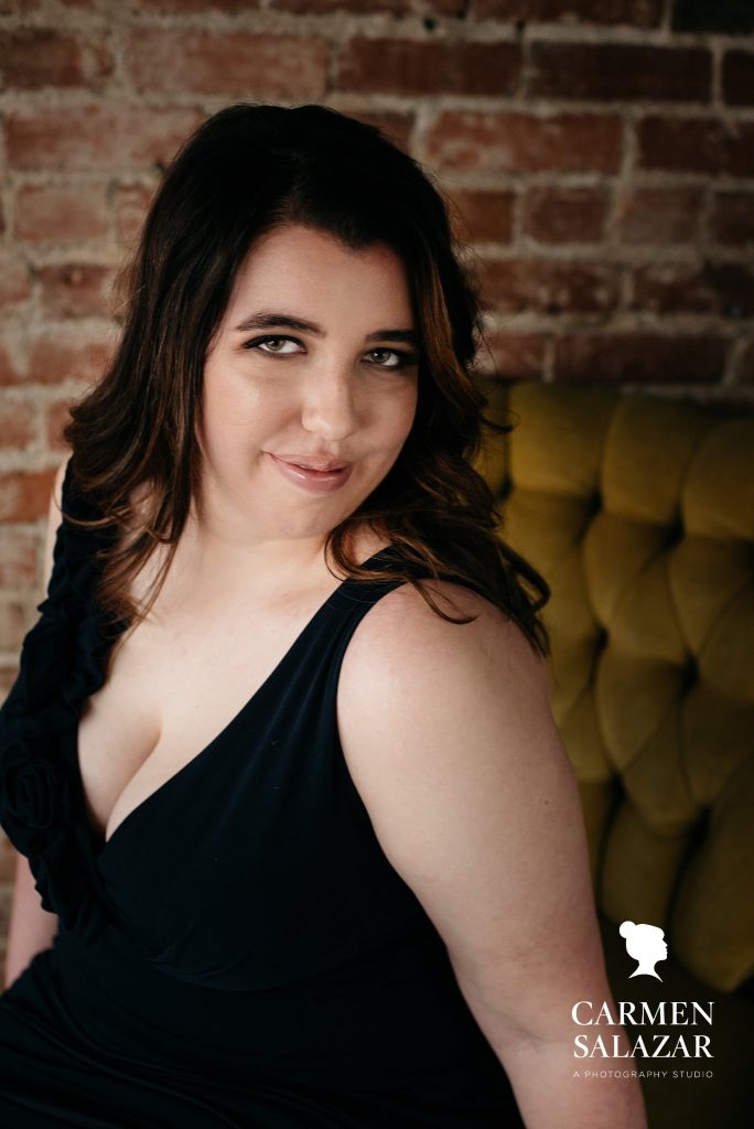 Branding Headshot, brunette woman in black top, photography by Carmen Salazar