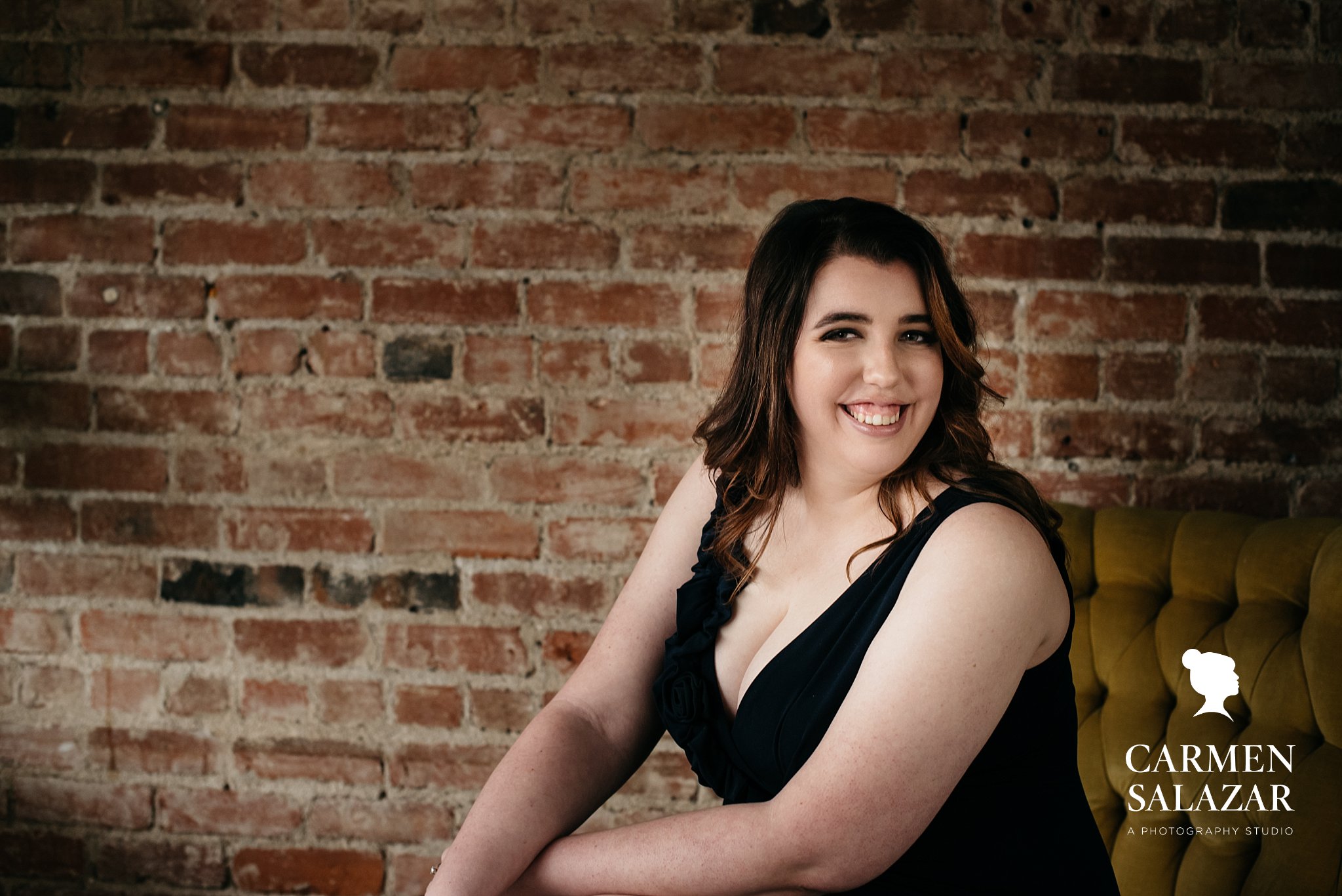 Branding Headshot, brunette woman in black top, photography by Carmen Salazar
