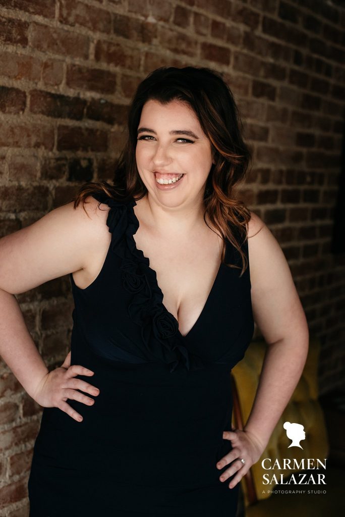 Branding Headshot, brunette woman in black top, photography by Carmen Salazar